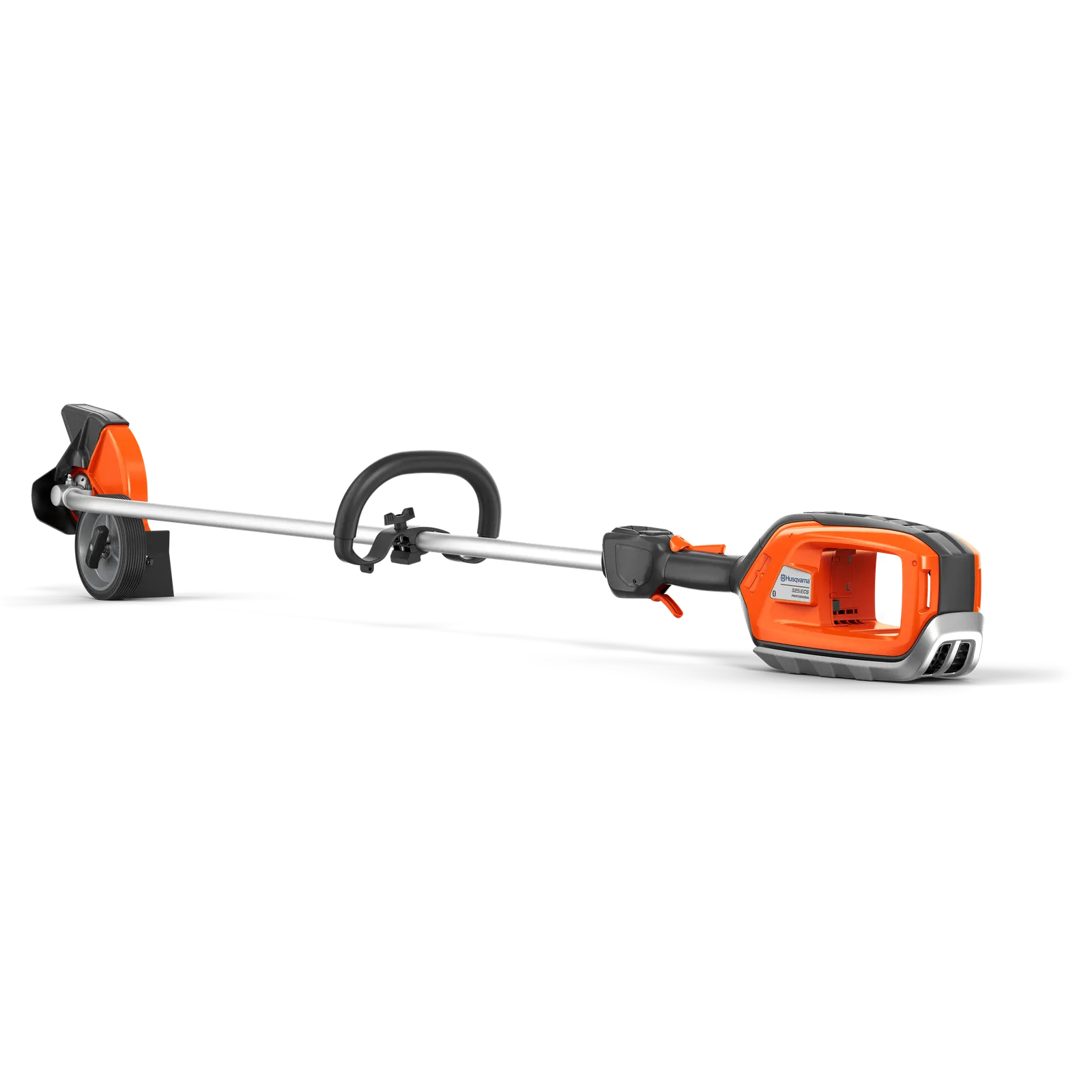 Side view of a Husqvarna battery-powered grass trimmer.