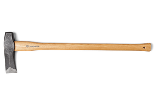 Side view of a Husqvarna axe with a wooden handle.