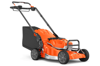Side view of a Husqvarna battery-powered lawn mower with a grass collection bag.