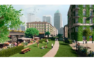 Urban park setting with people relaxing on grass and walking, surrounded by modern skyscrapers.
