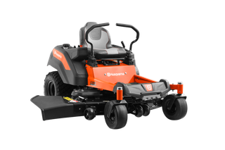 Front view of a Husqvarna zero-turn lawn mower with visible control levers and cutting deck.