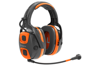 Front view of Husqvarna hearing protection with a microphone attachment.