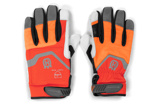 Front view of Husqvarna protective gloves with reinforced palms and adjustable wrist straps.