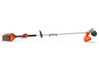 Side view of a Husqvarna battery-powered grass trimmer with ergonomic handle.