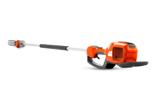Side view of a Husqvarna battery-powered pole saw, showcasing its extended reach.