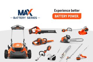 Collection of Husqvarna battery-powered garden tools including a lawn mower, chainsaw, leaf blower, and hedge trimmer.