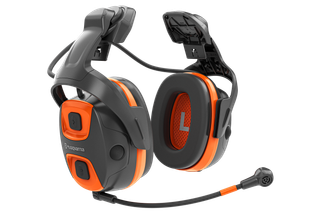 Side view of Husqvarna hearing protection with microphone and adjustable headband.