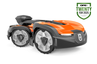 Side view of a robotic lawn mower with an award badge for "OPE+ Twenty for 2025".