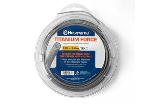 Front view of Husqvarna Titanium Force trimmer line packaging, highlighting reduced noise and wear resistance.