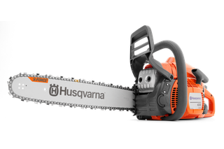 Side view of a Husqvarna chainsaw with X-Force bar and chain.
