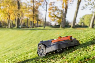 Robotic lawn mower on a grassy slope in a garden with trees in the background.