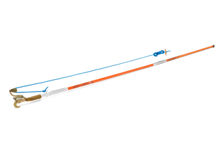 Side view of a long-handled pruning tool with a hook and rope mechanism.
