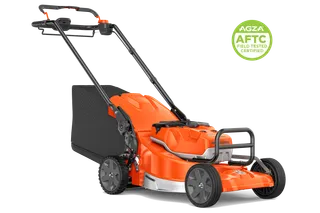 Side view studio shot of a walk-behind lawn mower with grass collection bag. A round AGZA AFTC certification badge is shown.