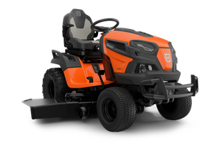 Front view of a Husqvarna ride-on lawn mower with a cutting deck.