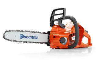 Side view of a Husqvarna chainsaw with visible branding and chain bar.