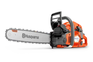 Side view of a Husqvarna chainsaw with visible branding and X-Torq technology.