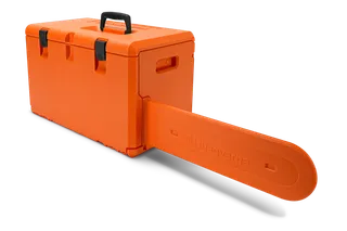 Side view of a Husqvarna chainsaw carrying case with a handle and secure latches.