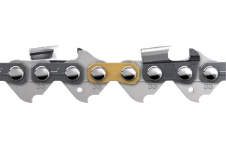 Close-up view of a Husqvarna chainsaw chain showing detailed links and components.