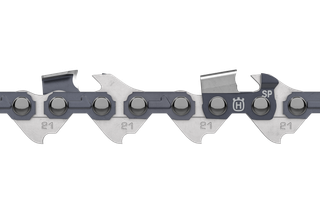 Close-up view of a Husqvarna chainsaw chain with detailed cutting teeth.