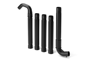 Set of black plastic pipe connectors arranged in a row.