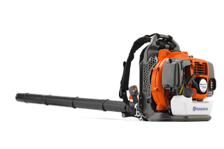 Side view of a Husqvarna backpack leaf blower with ergonomic design.