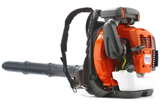 Side view of a Husqvarna backpack leaf blower, showcasing its engine and blower tube.
