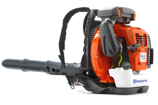 Side view of a Husqvarna backpack leaf blower with visible controls and straps.