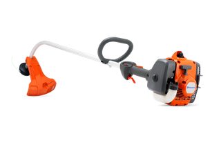 Side view of a Husqvarna grass trimmer with ergonomic handle and visible engine.