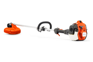 Side view of a Husqvarna brushcutter with ergonomic handle and engine.