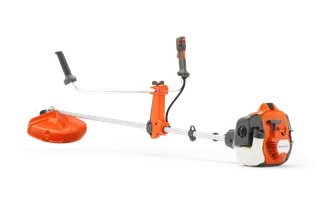 Side view of a Husqvarna brush cutter, showcasing its handle and cutting blade.