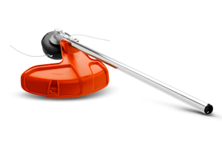 Studio images of a grass trimmer's components, including the shaft, guard, and trimmer head.