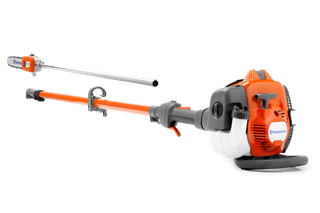 Side view of a Husqvarna pole saw, showcasing its engine and cutting bar.