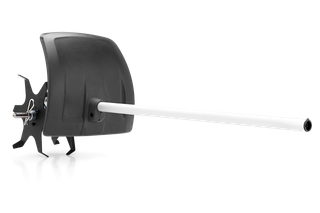 Side view of a snow thrower attachment with a long handle.