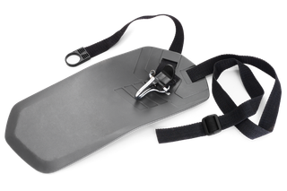 Top view of a protective shield with adjustable straps and a metal clasp.