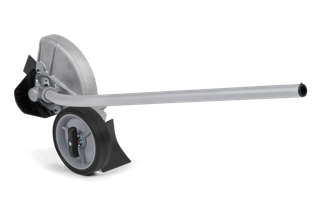 Side view of a gardening edger attachment with a protective guard and wheel.