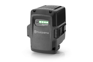 Front view of a Husqvarna BLi200 battery with LED charge indicator.