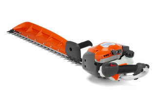 Side view of a hedge trimmer with dual-action blades and ergonomic handle.