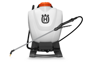 Front view of a Husqvarna backpack sprayer with a spray wand.
