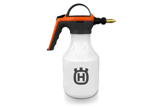Front view of a Husqvarna spray bottle with a handle and nozzle.