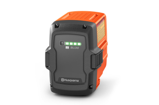 Front view of a Husqvarna BLi30 battery with LED indicators showing charge level.