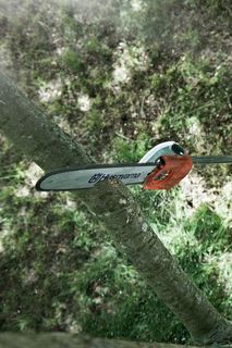 A person using a pole saw to trim tree branches from an elevated position.