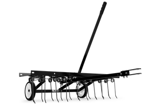 Side view of a dethatcher with metal tines and wheels.