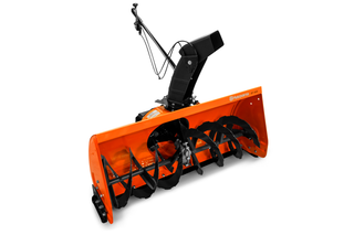 Front view of a Husqvarna snow blower with auger and chute.