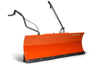 Side view of a Husqvarna snow plow attachment for lawn tractors.