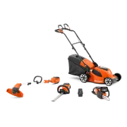 Front view of a Husqvarna lawn mower with various gardening attachments and batteries.