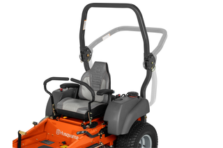 Front view of a Husqvarna ride-on mower with protective roll bar.