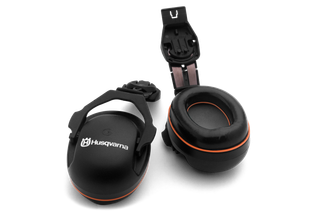 Top view of Husqvarna hearing protection earmuffs with adjustable headband.