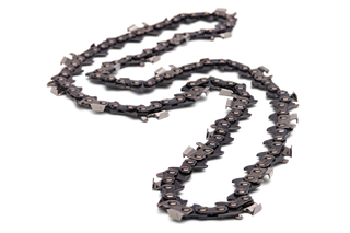 Close-up view of a chainsaw chain laid out in a zigzag pattern.