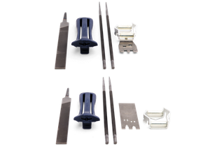 Top view of a chainsaw sharpening kit with files and guides.