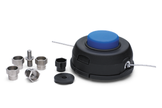 Front view of a trimmer head with various accessories including nuts and bolts.